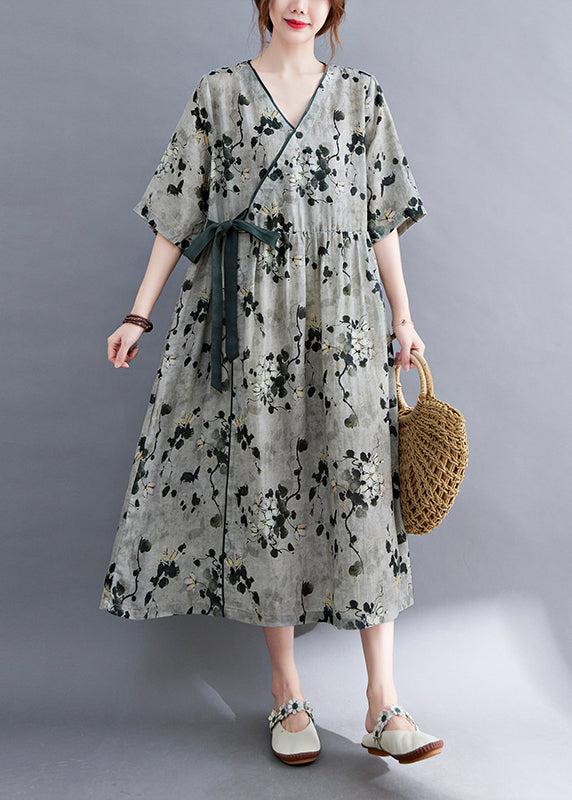 Women Grey V Neck Print Linen Long Dress Short Sleeve