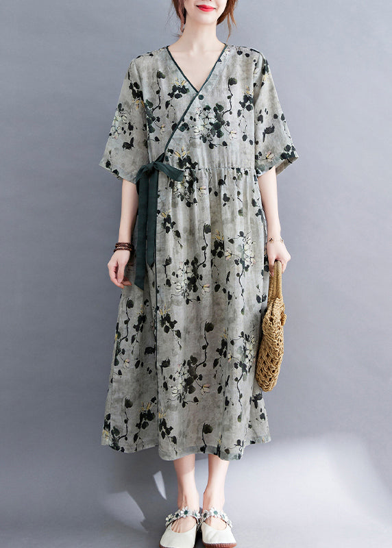 Women Grey V Neck Print Linen Long Dress Short Sleeve