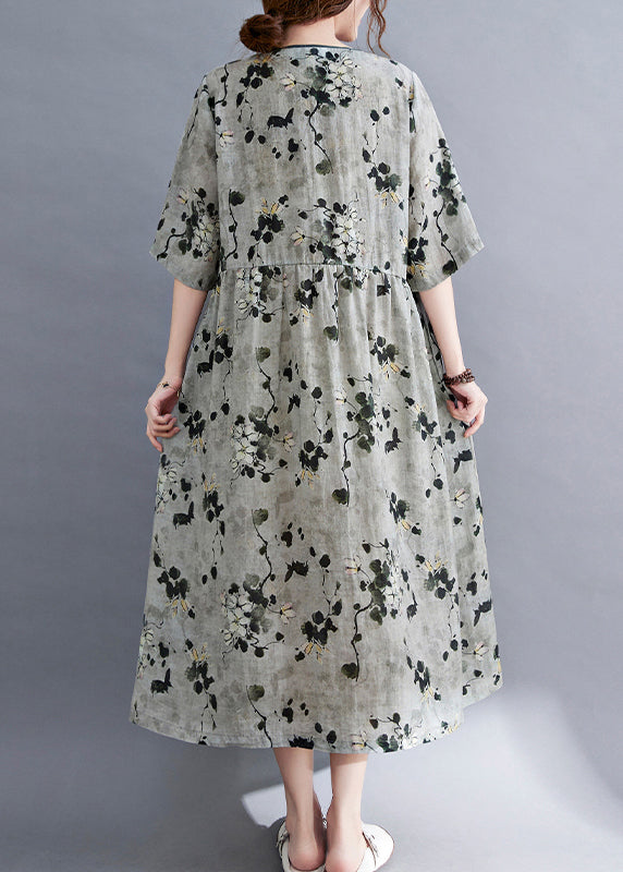 Women Grey V Neck Print Linen Long Dress Short Sleeve