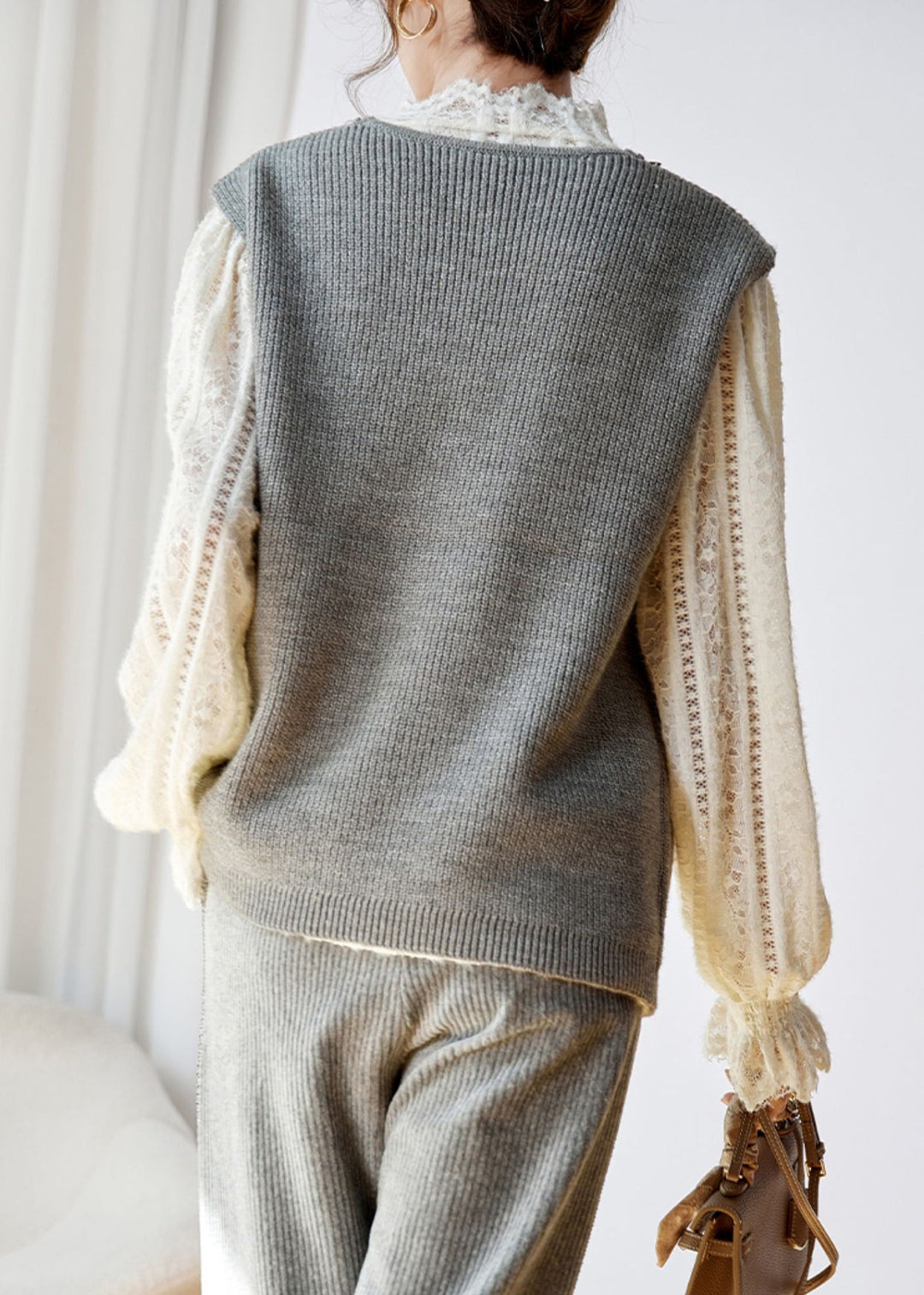 Women Grey V Neck Zircon Patchwork Knit Waistcoat Sleeveless