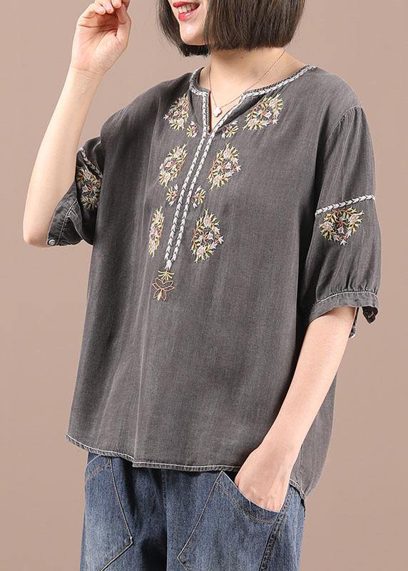 Women Grey retro Embroidery Summer Cotton Shirt Top Half Sleeve - Omychic