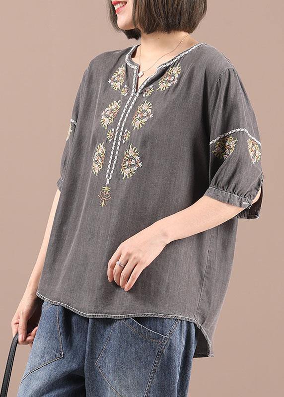 Women Grey retro Embroidery Summer Cotton Shirt Top Half Sleeve - Omychic
