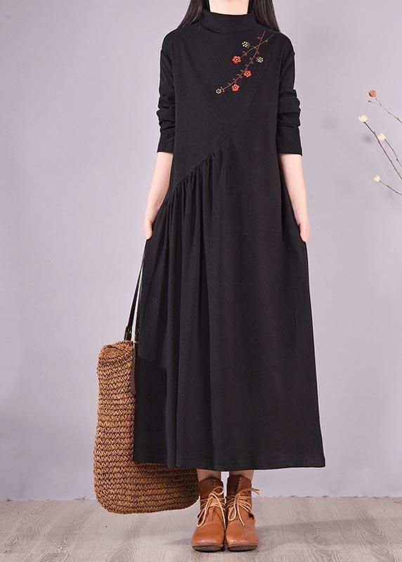 Women High Neck Cinched Spring Clothes Tutorials Black Embroidery Long Dresses - Omychic