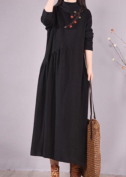 Women High Neck Cinched Spring Clothes Tutorials Black Embroidery Long Dresses - Omychic