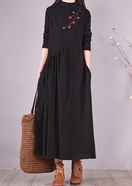 Women High Neck Cinched Spring Clothes Tutorials Black Embroidery Long Dresses - Omychic