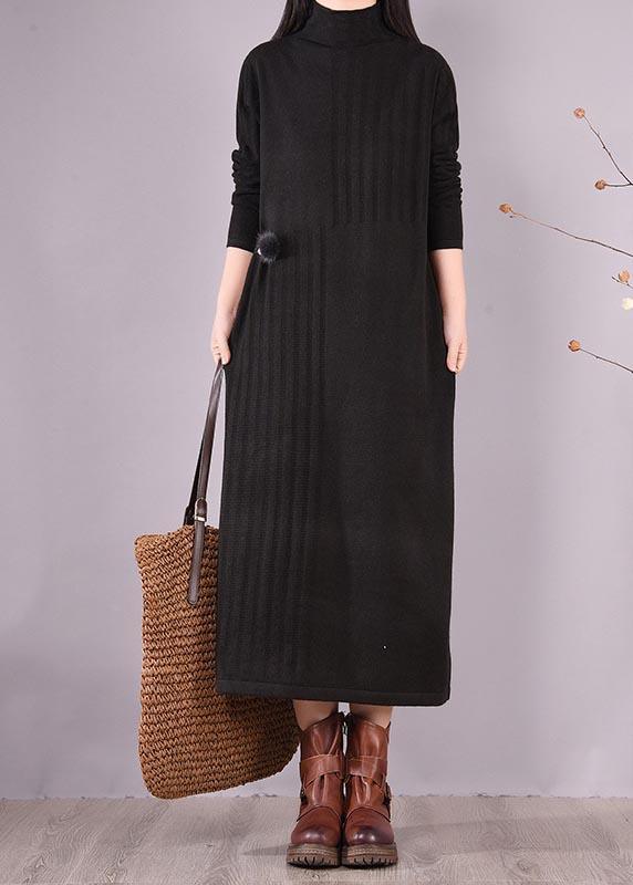 Women High Neck Spring Wardrobes Sleeve Black Robe Dress - Omychic