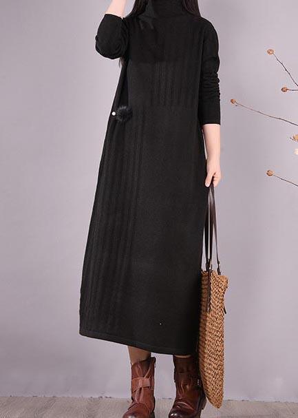 Women High Neck Spring Wardrobes Sleeve Black Robe Dress - Omychic