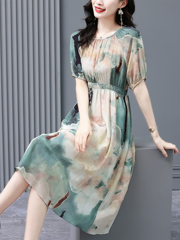 Elegant Summer Floral Silk Midi Dress Short Sleeve