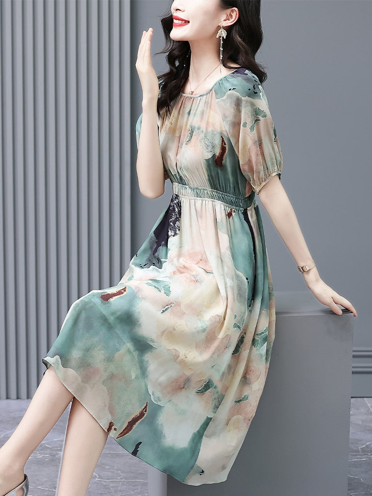 Elegant Summer Floral Silk Midi Dress Short Sleeve