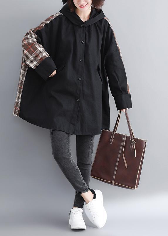 Women Hooded Patchwork Plus Size Trench Black Coats - Omychic