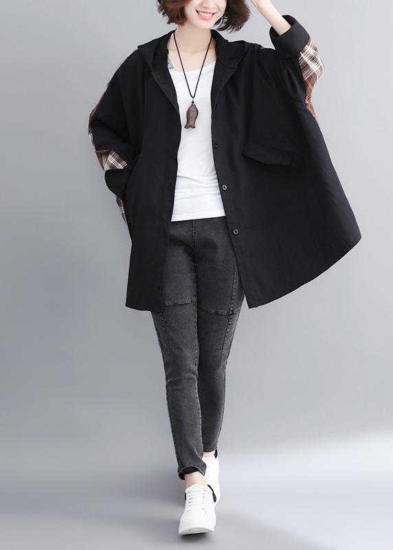 Women Hooded Patchwork Plus Size Trench Black Coats - Omychic