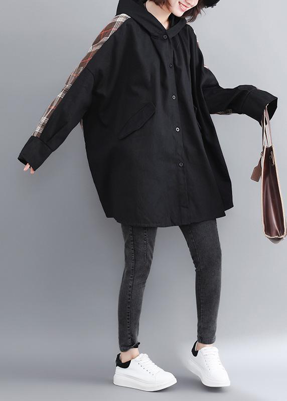 Women Hooded Patchwork Plus Size Trench Black Coats - Omychic