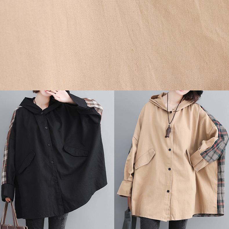 Women Hooded Patchwork Plus Size Trench Black Coats - Omychic