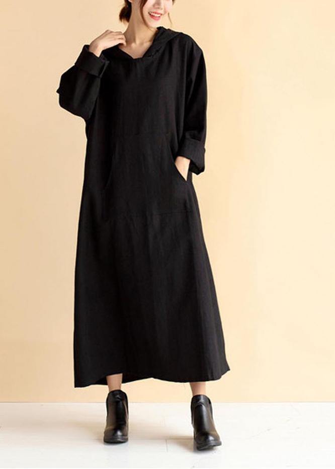 Women Hooded Pockets Spring Quilting Dresses Wardrobes Black Loose Dresses - Omychic