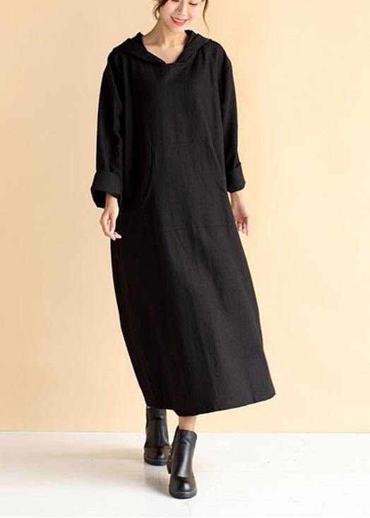Women Hooded Pockets Spring Quilting Dresses Wardrobes Black Loose Dresses - Omychic
