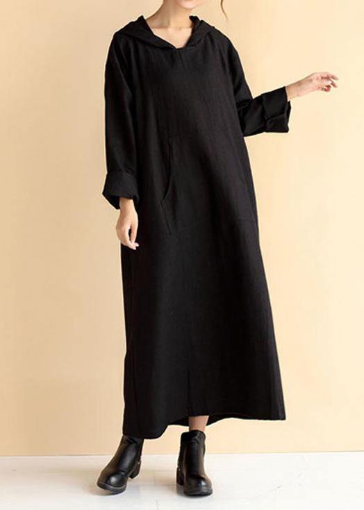 Women Hooded Pockets Spring Quilting Dresses Wardrobes Black Loose Dresses - Omychic