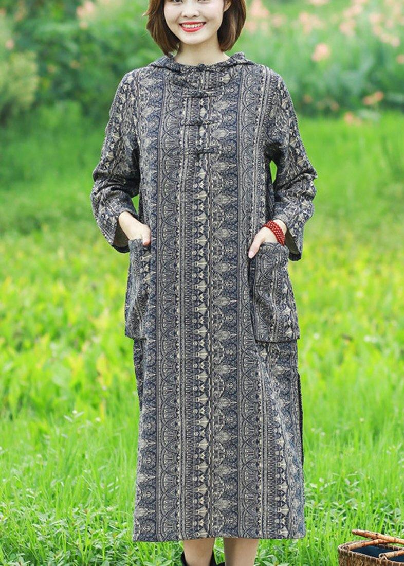 Women Hooded Spring Tunics Tutorials Print Robes Dresses - Omychic