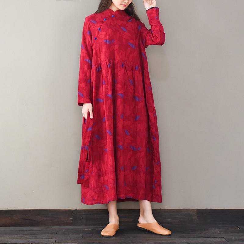 Women Jacquard cotton o neck quilting dresses Photography red Robe Dresses - Omychic