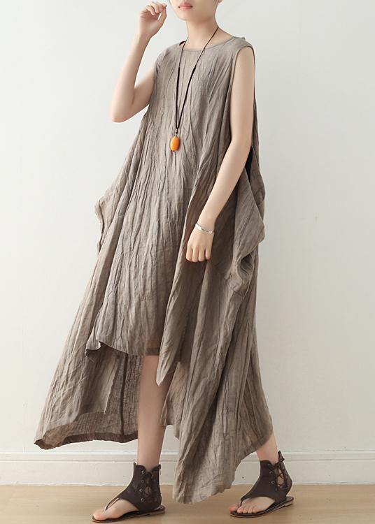 Women Khaki Asymmetrical Summer Sleeveless Linen Dress - Omychic