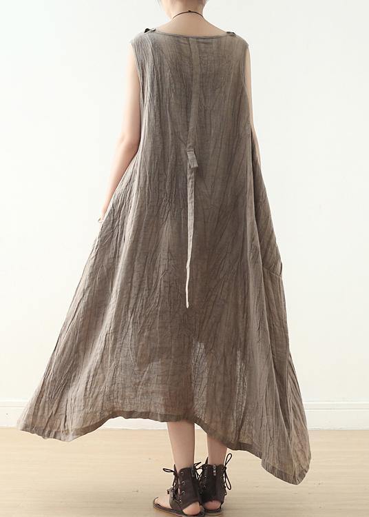 Women Khaki Asymmetrical Summer Sleeveless Linen Dress - Omychic