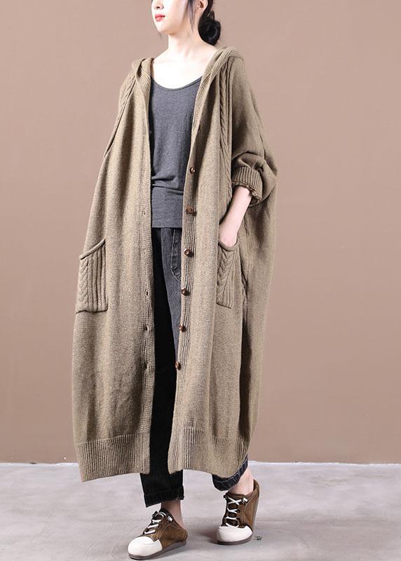 Women Khaki Button Pockets Fall Long Cardigans Coat - Omychic