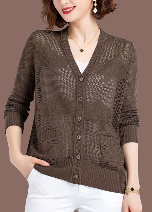 Women Khaki Hollow Out Embroideried Patchwork Thin Knit Cardigan Fall