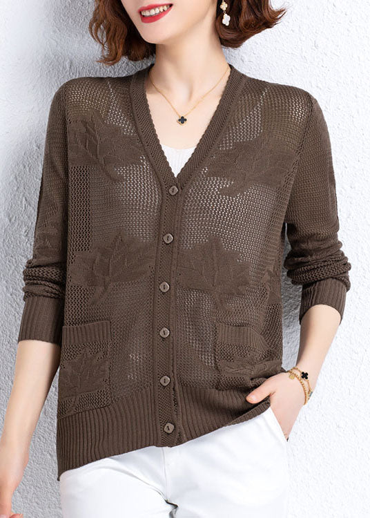 Women Khaki Hollow Out Embroideried Patchwork Thin Knit Cardigan Fall