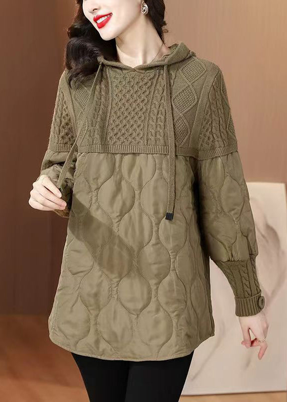 Women Khaki Hooded Knit Patchwork Thick Tops Long Sleeve