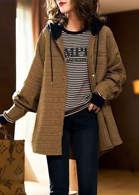 Women Khaki Hooded Pockets Patchwork Fine Cotton Filled Coats Winter