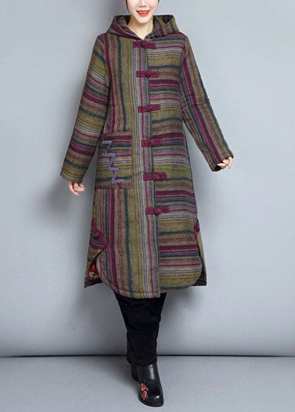 Women Khaki Hooded Pockets Striped Fine Cotton Filled Women Winter Coats