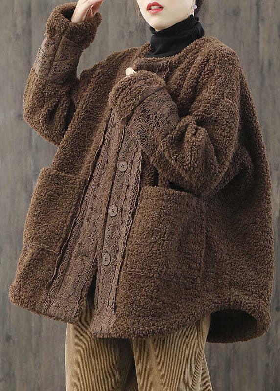 Women Khaki O-Neck Button Casual Fall Winter Thick Long sleeve Coat - Omychic