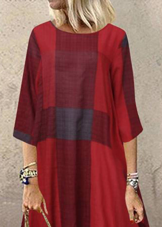 Women Red-crane O-Neck Plaid Maxi Dresses Half Sleeve