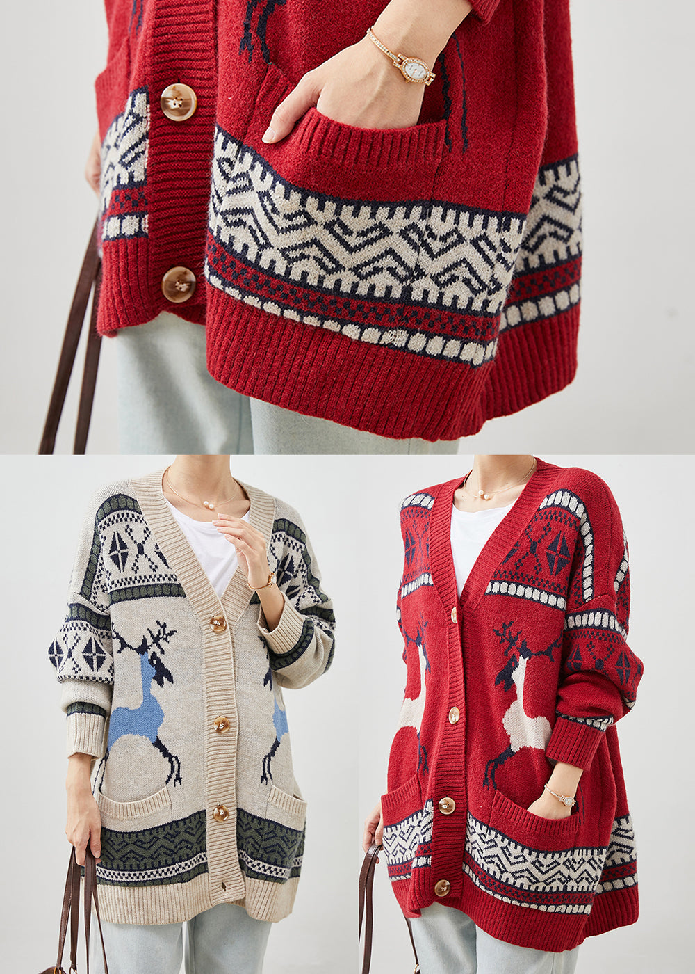 Women Khaki Oversized Print Knit Cardigans Winter