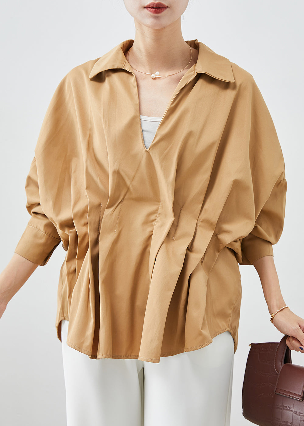 Women Khaki Oversized Wrinkled Cotton Shirts Batwing Sleeve