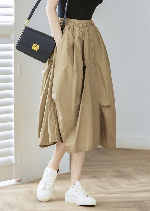 Women Khaki Pockets Elastic Waist Cotton Skirt Spring