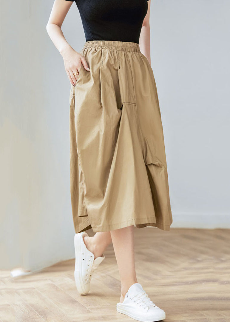Women Khaki Pockets Elastic Waist Cotton Skirt Spring