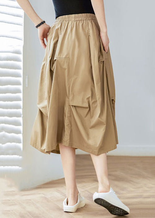 Women Khaki Pockets Elastic Waist Cotton Skirt Spring