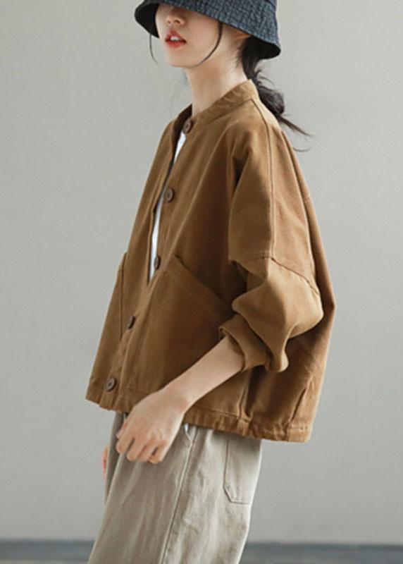 Women Khaki Stand Collar Pockets Button Fall Trench Long Sleeve - Omychic