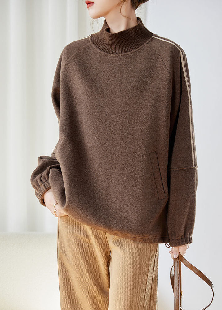 Women Khaki Striped Patchwork Drawstring Thick Pullover Fall