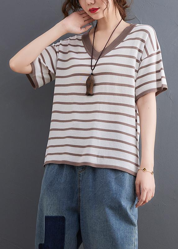 Women Khaki Striped side open Cotton Linen Summer Tops - Omychic