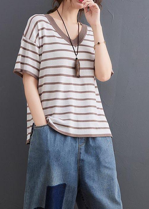 Women Khaki Striped side open Cotton Linen Summer Tops - Omychic