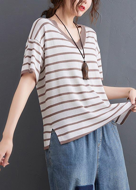 Women Khaki Striped side open Cotton Linen Summer Tops - Omychic