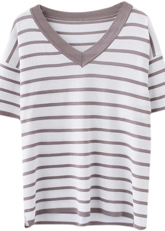 Women Khaki Striped side open Cotton Linen Summer Tops - Omychic