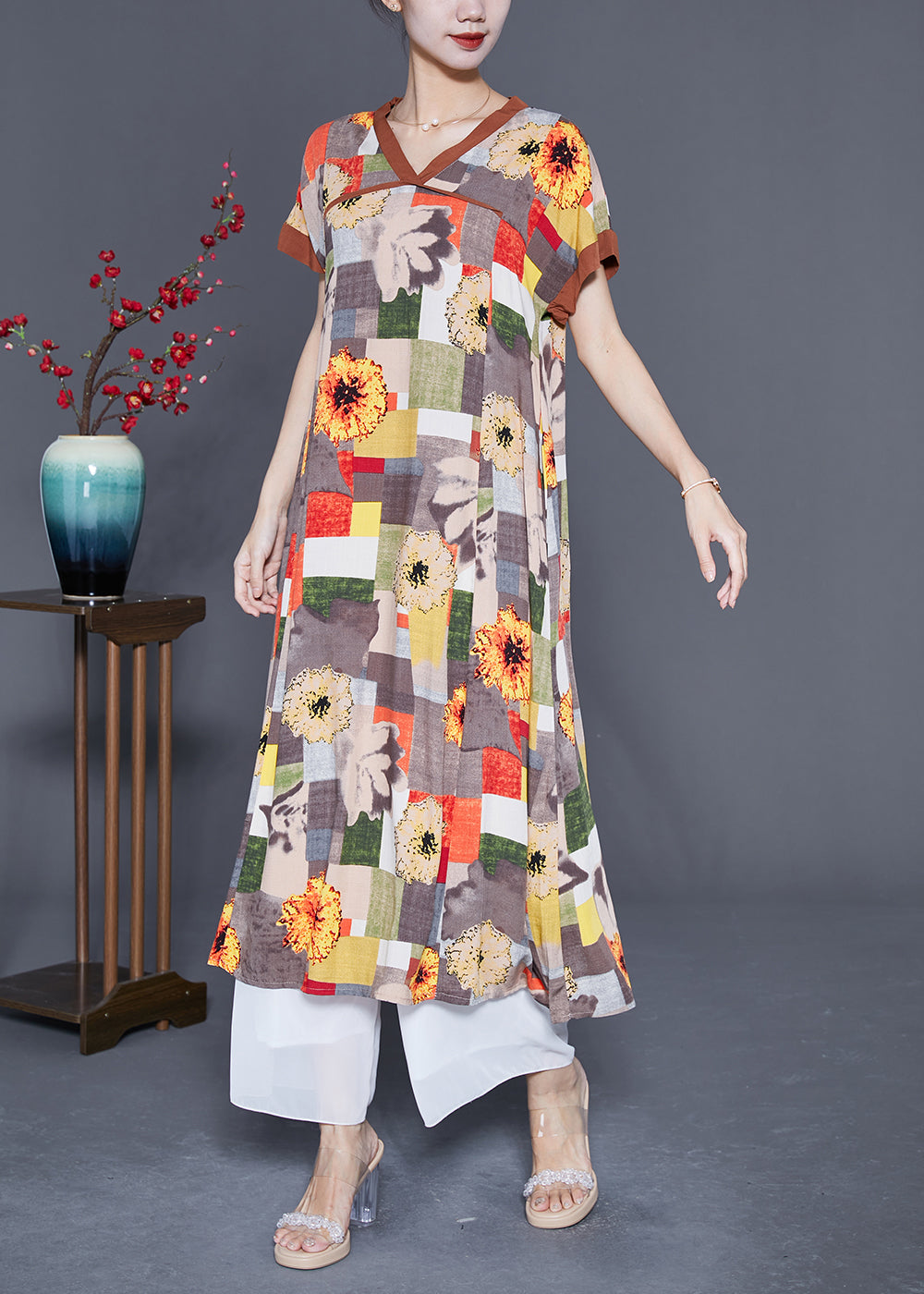 Women Khaki V Neck Patchwork Print Cotton Long Dress Summer