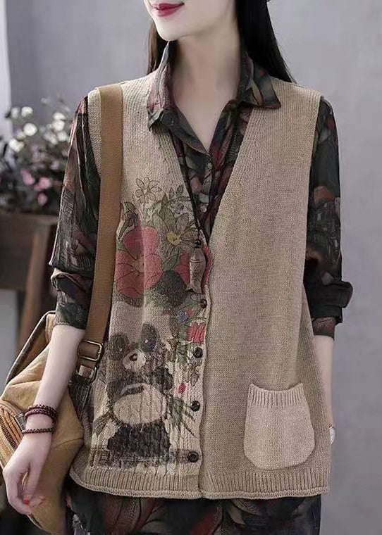 Women Khaki V Neck Print Button Cotton Knit Waistcoat Sleeveless