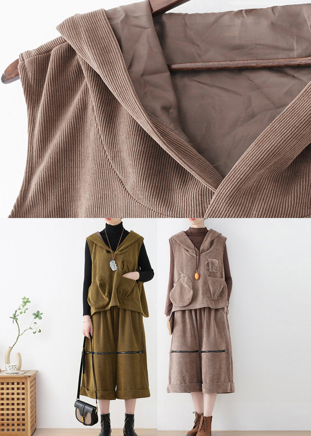 Women Khaki Velour Hooded Waistcoat And Crop Pants Two Pieces Set Fall
