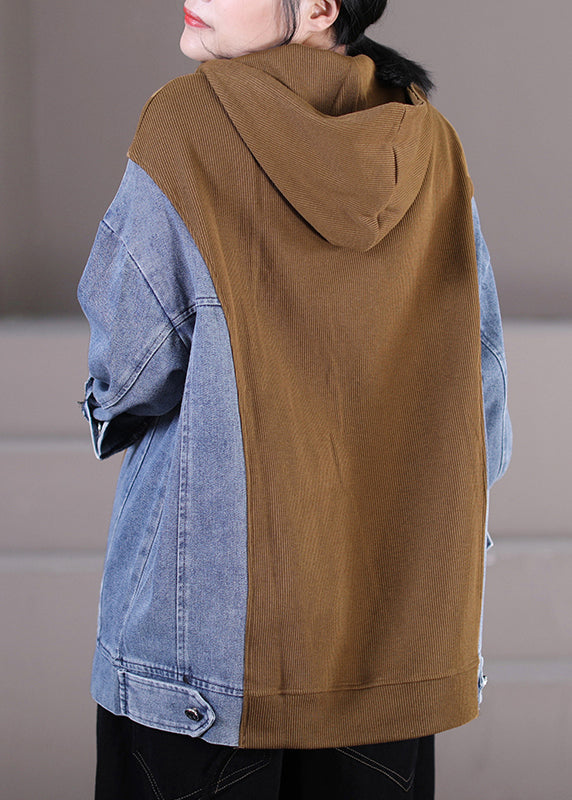 Women Khaki Zippered Patchwork Denim Hooded Top Long Sleeve