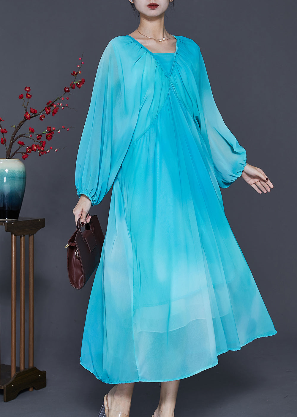 Women Lake Blue Oversized Tie Dye Chiffon Dresses Spring