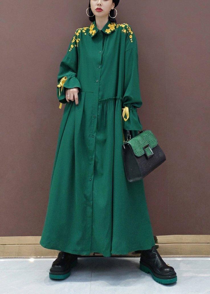 Women Lapel Cinched Spring Fashion Ideas Green Embroidery Long Dresses - Omychic