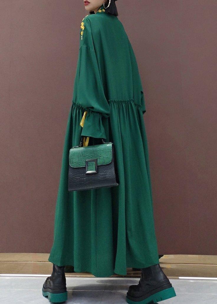 Women Lapel Cinched Spring Fashion Ideas Green Embroidery Long Dresses - Omychic